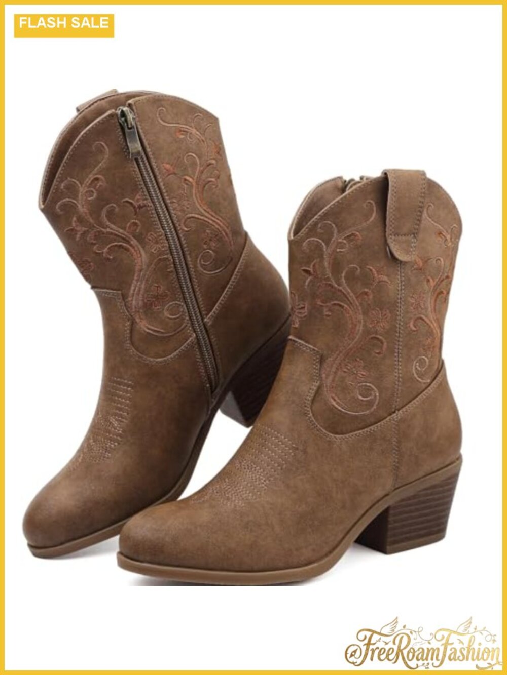 Faux Leather Western Cowboy Ankle Boots Embroidered Side Zip Block Heel